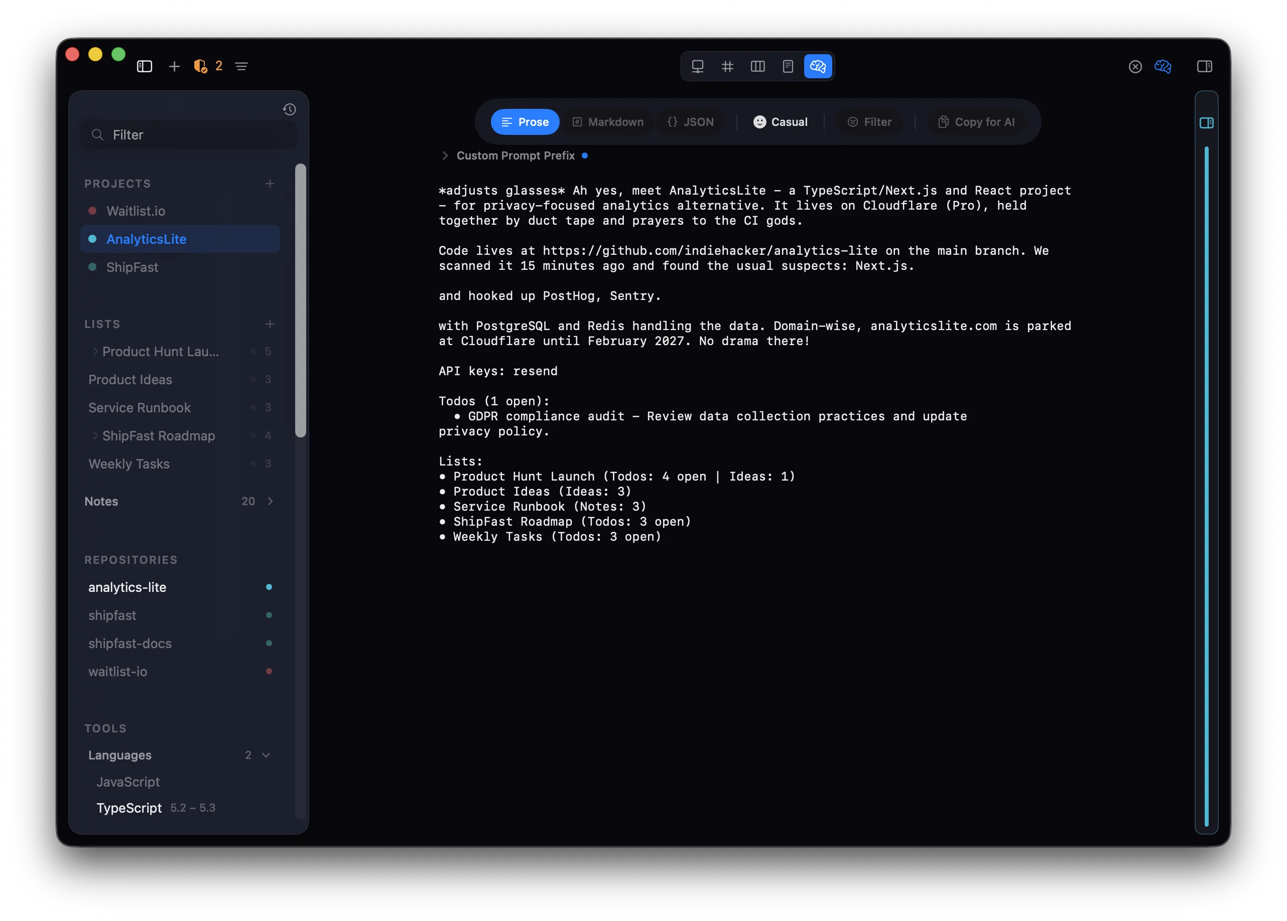Context view generating AI-ready project summaries in multiple formats